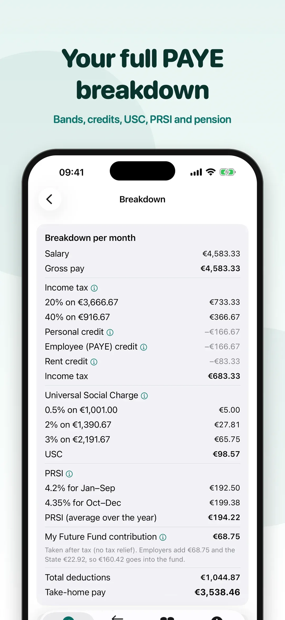 Your full PAYE breakdown: bands, credits, USC, PRSI and pension