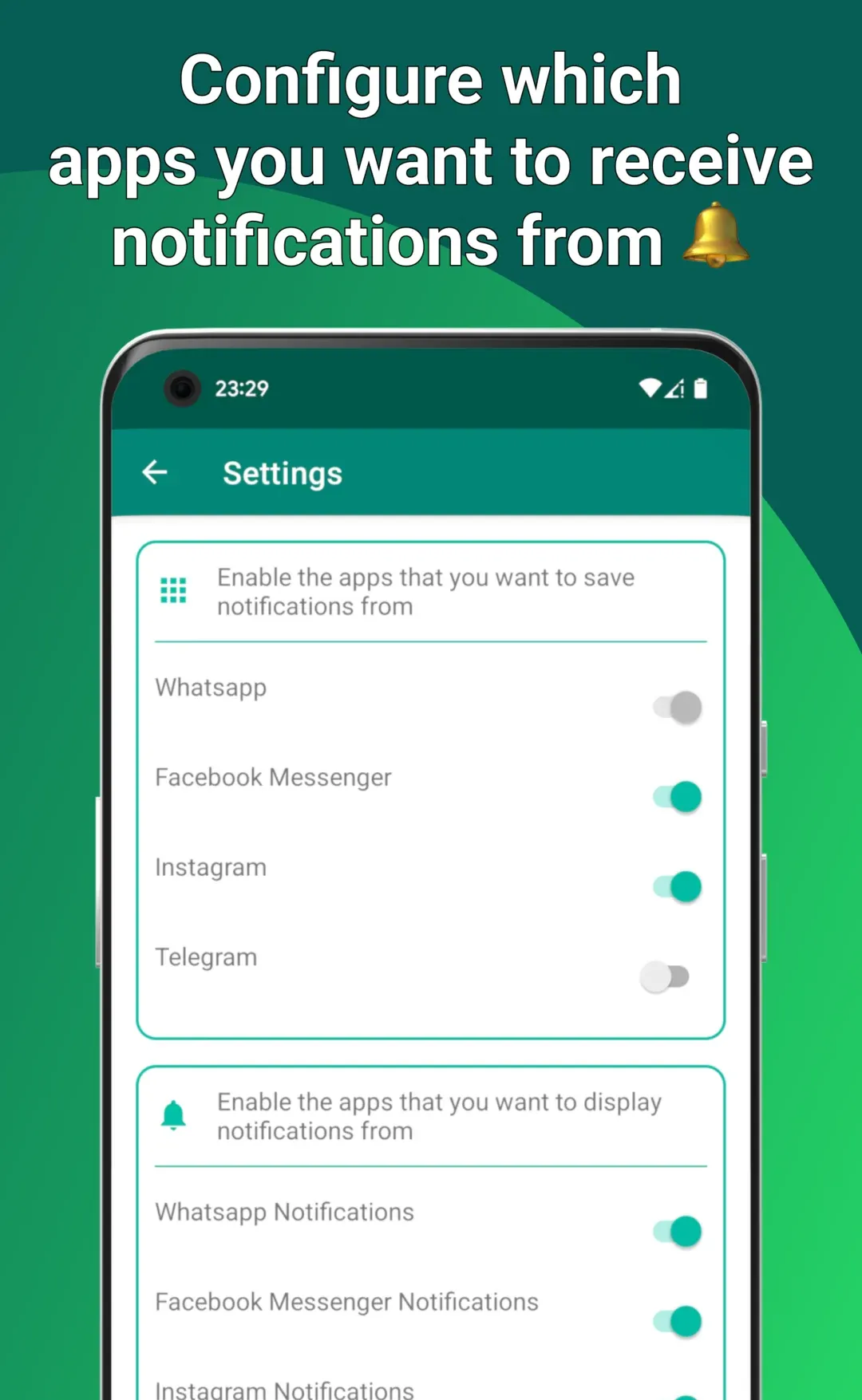 Settings: choose which apps to save notifications from